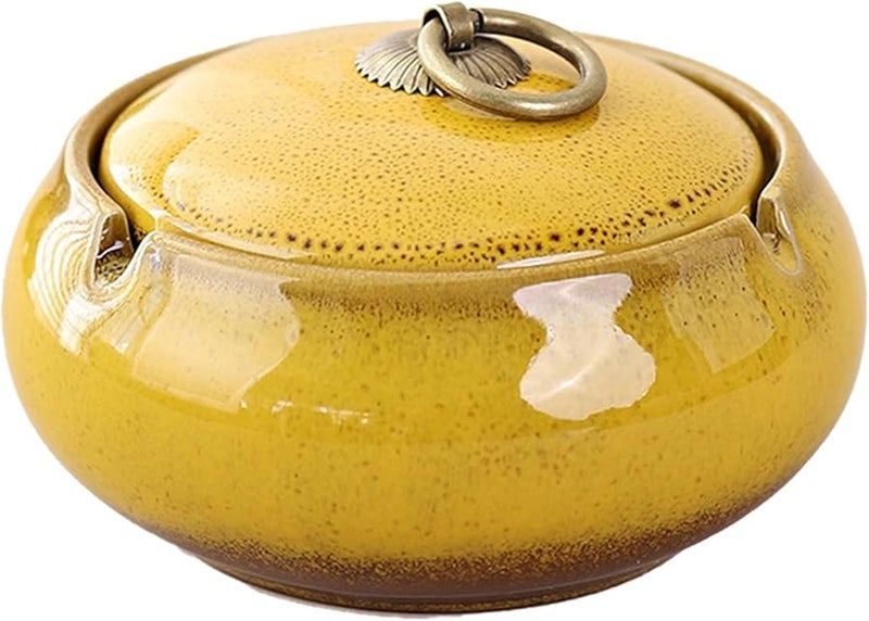 Yellow Ceramic Ashtray with Lid Windproof Portable Ash Tray for Indoor Outdoor Office Home Patio Decor - Image 1